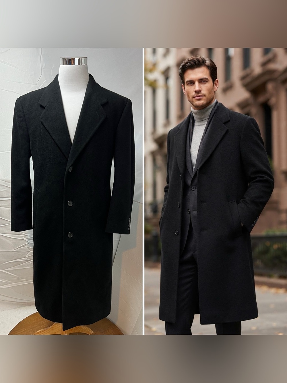 Tailors Row Finery Men’s 40R Wool Cashmere Long Black Overcoat Vintage Bespoke